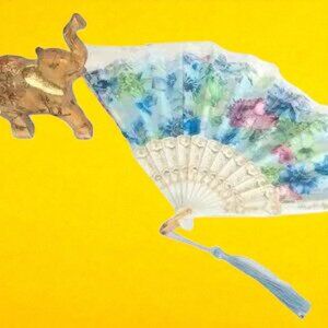 Blue Floral-Fabric Foldable Fan with Glitter